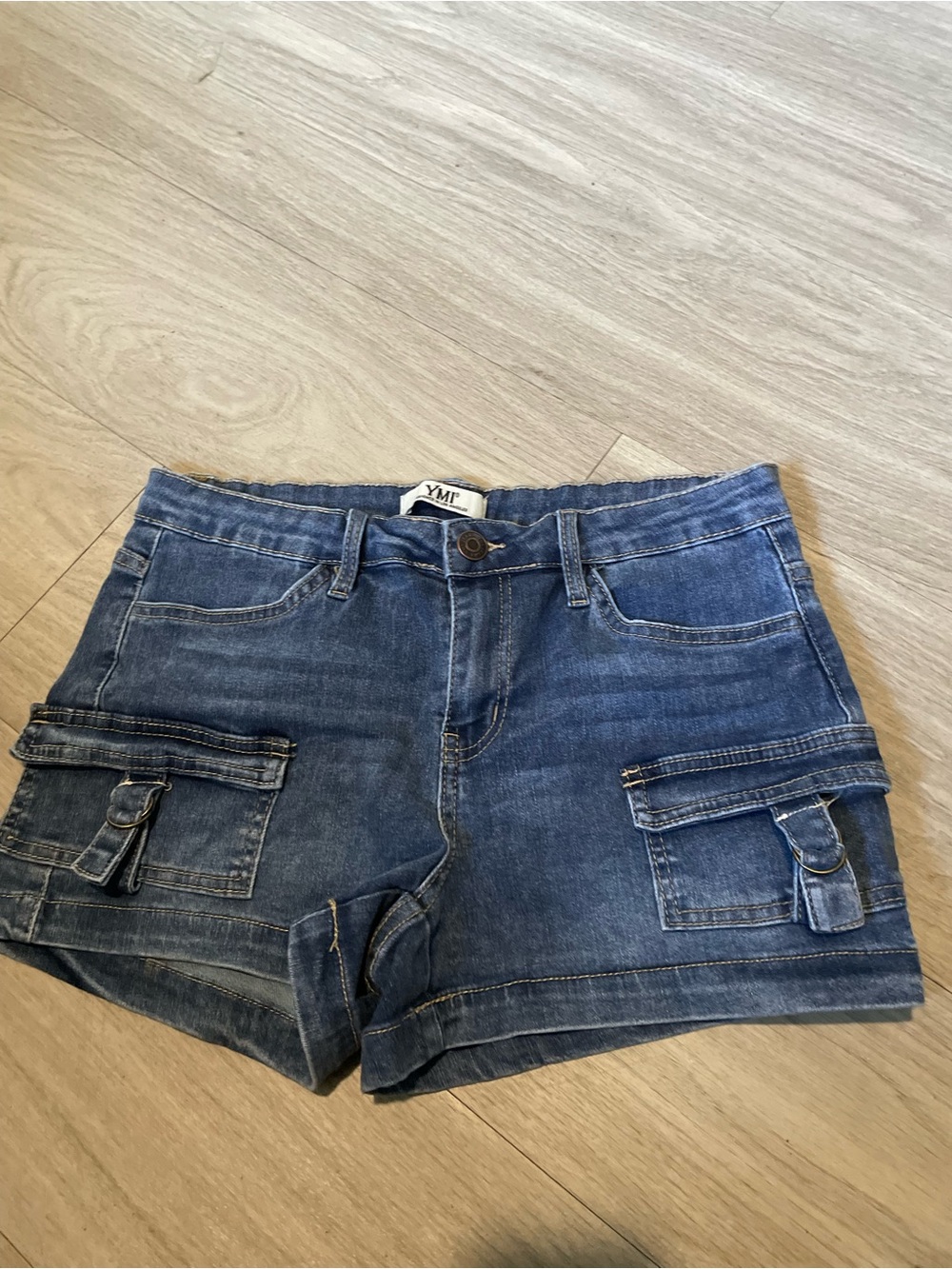 YMI Distressed Denim Cargo Shorts in Blue Wash